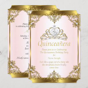 Pink Gold White Pearl Princess Quinceanera Kaart