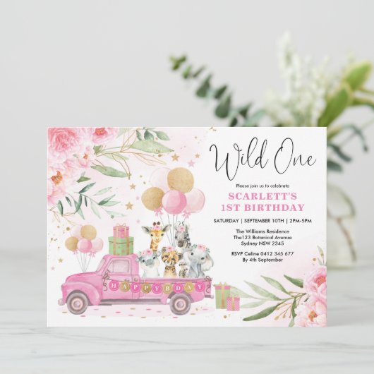 Pink Gold Wild One Oerwoud Safari Girl 1ste verjaa Kaart (Staand voorkant)