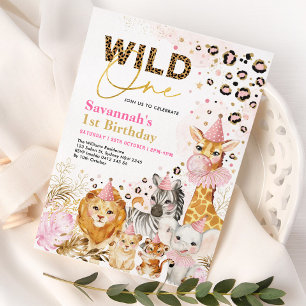 Pink Gold Wild One Safari Party Animals Birthday Kaart
