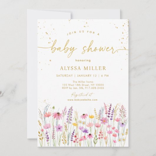 Pink Gold Wildflower Meadow Baby shower Kaart (Voorkant)