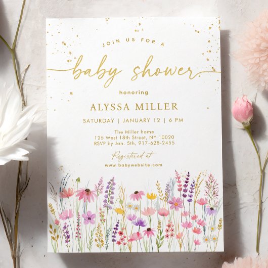 Pink Gold Wildflower Meadow Baby shower Kaart