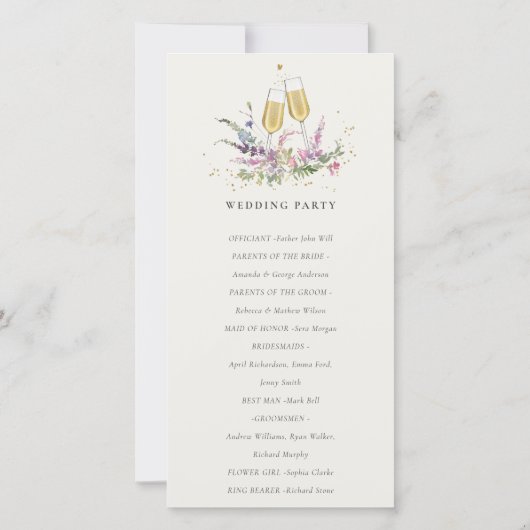 Pink Gold Wine Glasses Floral Wedding Programme Bedankkaart (Achterkant)