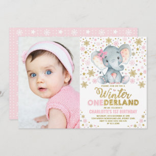 Pink Gold Winter Onederland Elephant 1e verjaardag Kaart