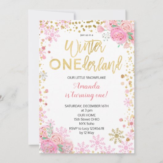 Pink Gold Winter ONEderland Snow Birthday Invite Kaart (Voorkant)