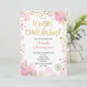 Pink Gold Winter ONEderland Snow Birthday Invite Kaart (Staand voorkant)
