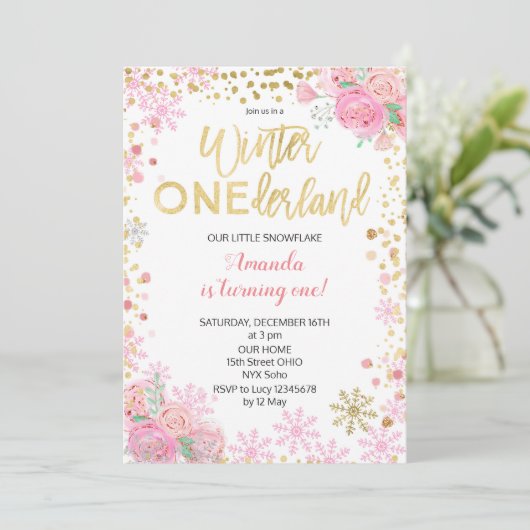 Pink Gold Winter ONEderland Snow Birthday Invite Kaart (Staand voorkant)