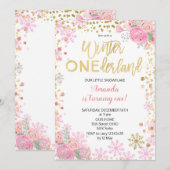 Pink Gold Winter ONEderland Snow Birthday Invite Kaart (Voorkant / Achterkant)