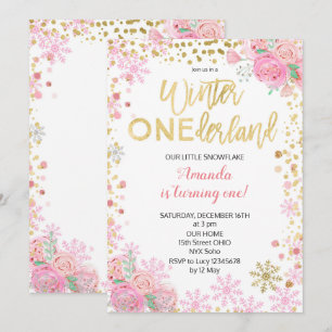 Pink Gold Winter ONEderland Snow Birthday Invite Kaart
