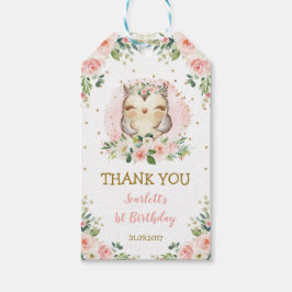 Pink Gold Woodland Uil Roze Rozen Verjaardagsgunst Cadeaulabel