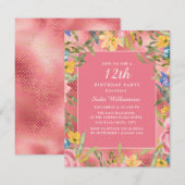 Pink Gold Yellow Blue Floral 12e verjaardag Kaart (Voorkant / Achterkant)