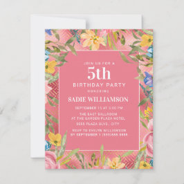 Pink Gold Yellow Blue Floral Girl's 5e verjaardag Kaart