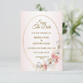 Pink Golden Floral Geometric Peach Wedding Save The Date (Staand voorkant)