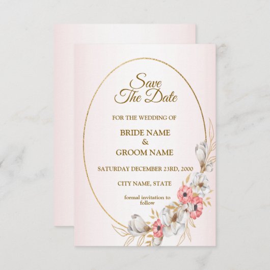 Pink Golden Floral Geometric Peach Wedding Save The Date (Voorkant / Achterkant)