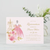 Pink Golden Floral Paris Chic Quinceanera Kaart (Staand voorkant)