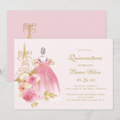 Pink Golden Floral Paris Chic Quinceanera Kaart (Voorkant / Achterkant)
