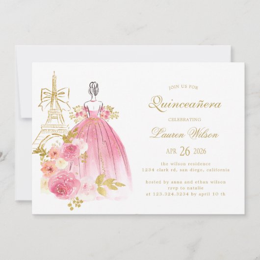 Pink Golden Floral Paris Chic Quinceanera Kaart (Voorkant)