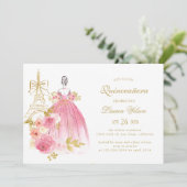 Pink Golden Floral Paris Chic Quinceanera Kaart (Staand voorkant)