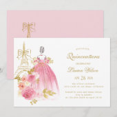 Pink Golden Floral Paris Chic Quinceanera Kaart (Voorkant / Achterkant)