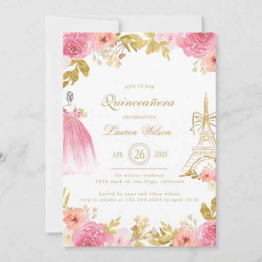 Pink Golden Floral Paris Chic Quinceanera Kaart (Voorkant)