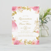 Pink Golden Floral Paris Chic Quinceanera Kaart (Staand voorkant)