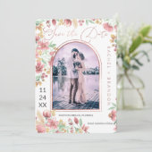 Pink Golden Yellow Floral Arch Photo Weddenschap Save The Date (Staand voorkant)