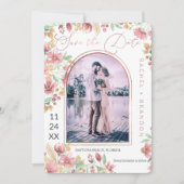 Pink Golden Yellow Floral Arch Photo Weddenschap Save The Date (Voorkant)