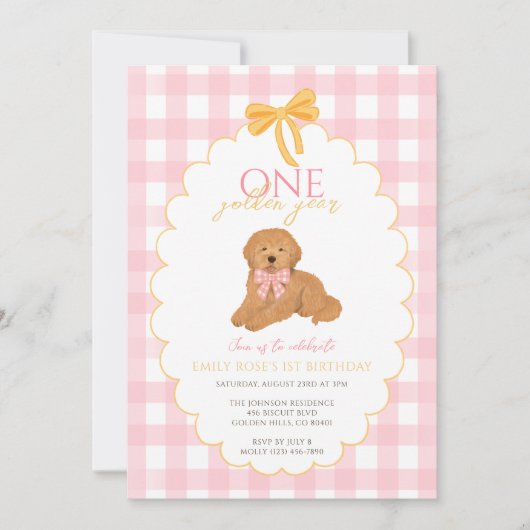 Pink Goldendoodle Dog First Birthday Party Kaart (Voorkant)