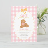 Pink Goldendoodle Dog First Birthday Party Kaart (Staand voorkant)