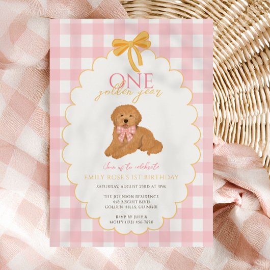 Pink Goldendoodle Dog First Birthday Party Kaart