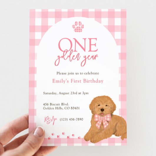 Pink Goldendoodle Dog One Golden Year birthday Kaart