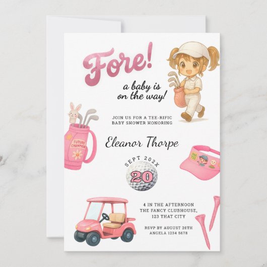 Pink Golf Baby shower Invitation Pink Kaart (Voorkant)