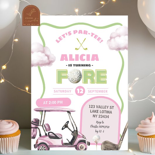 Pink Golf Kid's Fore Birthday Kaart