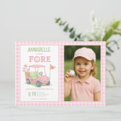 Pink Golfing 4th Birthday Photo Kaart (Staand voorkant)