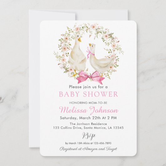 Pink Goose Duck Wildflower Baby shower Uitnodiging (Voorkant)