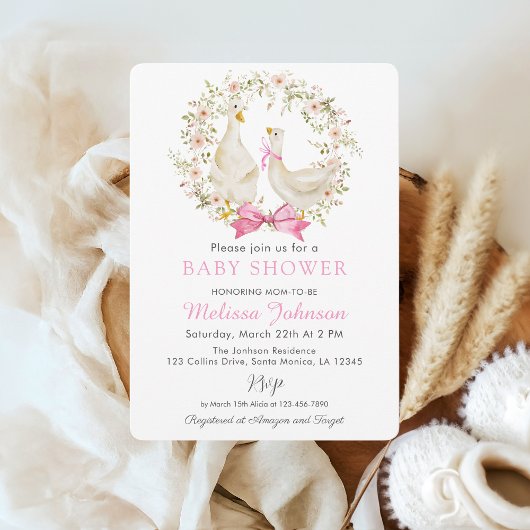 Pink Goose Duck Wildflower Baby shower Uitnodiging