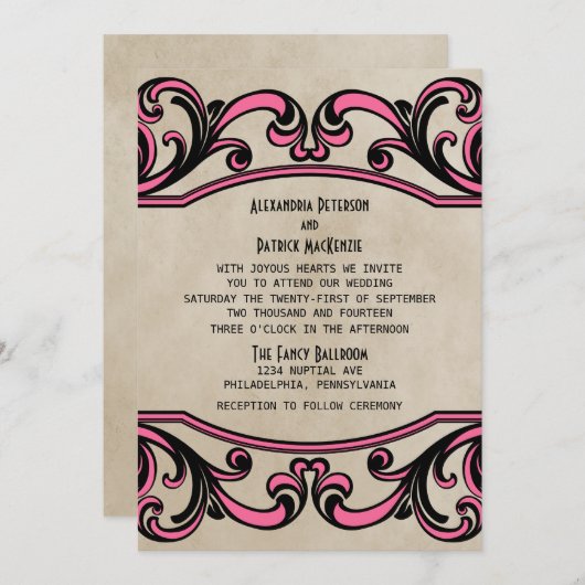 Pink Gothic Swirls Wedding Invite Kaart (Voorkant / Achterkant)