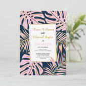 Pink, gouden tropische bladeren, marinepartij kaart (Staand voorkant)
