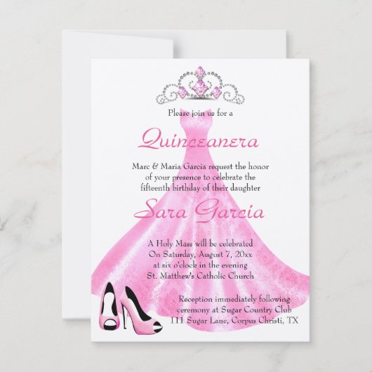 Pink Gown Quinceanera Uitnodiging (Voorkant)
