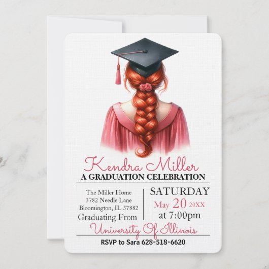 Pink Gown Waterverf Afstuderen Uitnodiging (Voorkant)