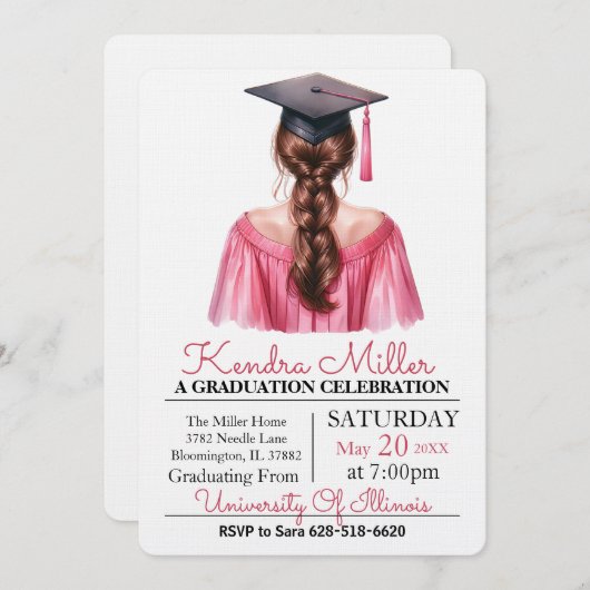 Pink Gown Waterverf Afstuderen Uitnodiging (Voorkant / Achterkant)