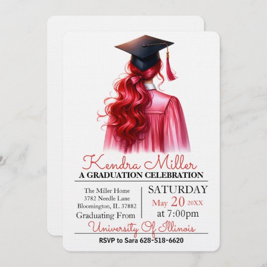 Pink Gown Waterverf Afstuderen Uitnodiging (Voorkant / Achterkant)