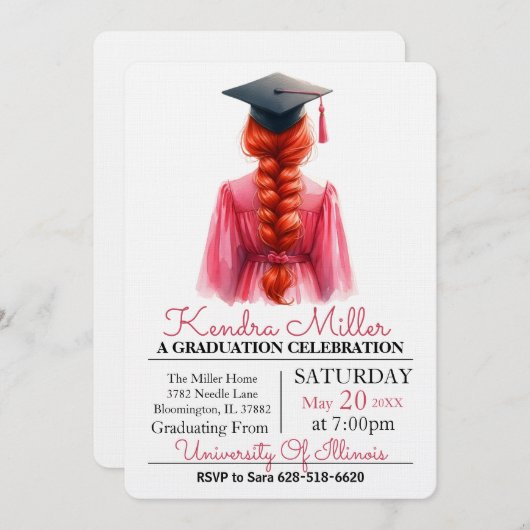 Pink Gown Waterverf Afstuderen Uitnodiging (Voorkant / Achterkant)