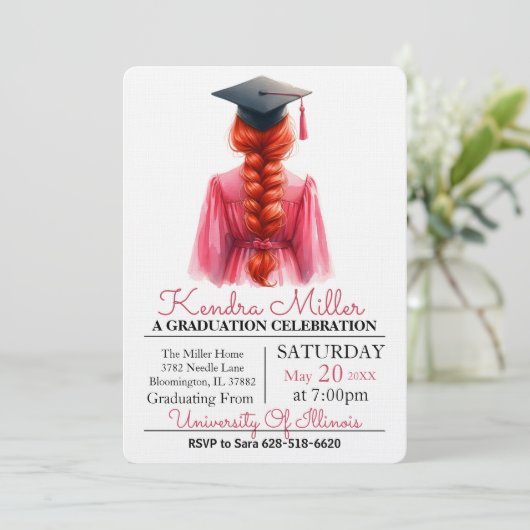 Pink Gown Waterverf Afstuderen Uitnodiging (Staand voorkant)