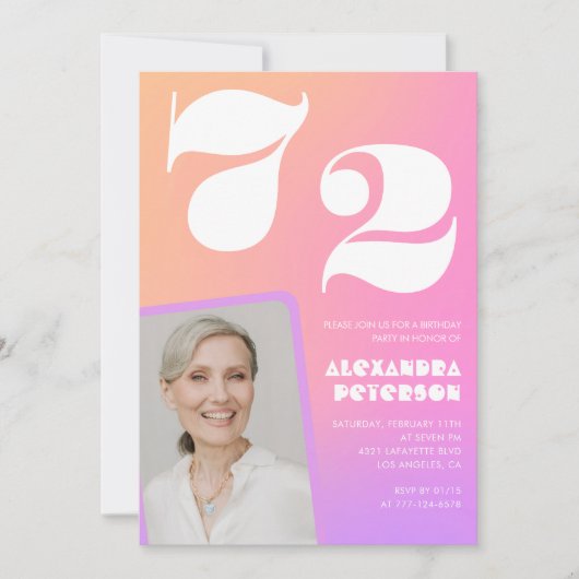 Pink Gradient Retro Foto 72e verjaardag Uitnodigin Kaart (Voorkant)