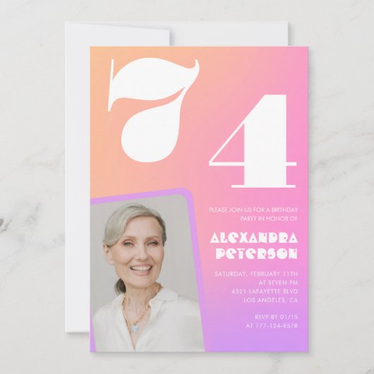 Pink Gradient Retro Foto 74e verjaardag Uitnodigin Kaart (Voorkant)