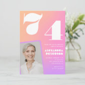 Pink Gradient Retro Foto 74e verjaardag Uitnodigin Kaart (Staand voorkant)