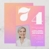 Pink Gradient Retro Foto 74e verjaardag Uitnodigin Kaart (Voorkant / Achterkant)