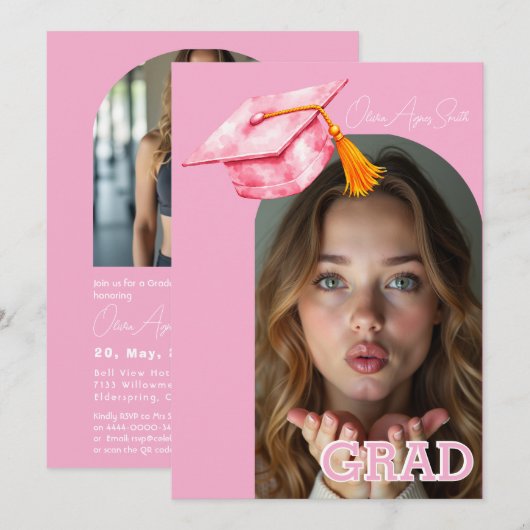 Pink Graduation Hat Accent Dual‑Photo QR Code Kaart (Voorkant / Achterkant)