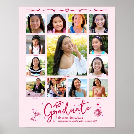 Pink Graduation K–12 Photo Collage Red Doodles Fun Poster (Voorkant)