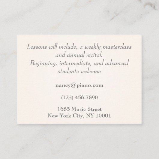 Pink Grand Piano Child Friendly Music Visitekaartje (Achterkant)